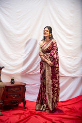 Wine Mushroo Satin Saree With Allover Meenakari Jaal Work